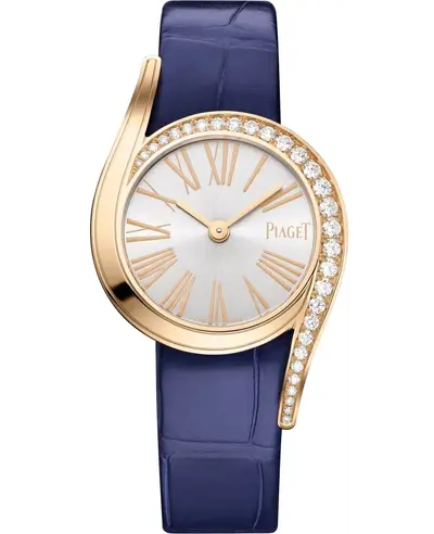 Piaget Limelight Gala Quartz Silver Dial 18K Rose Gold Diamond Bezel Blue Alligator Leather Strap Women's Watch Model G0A47151 (arb11739)