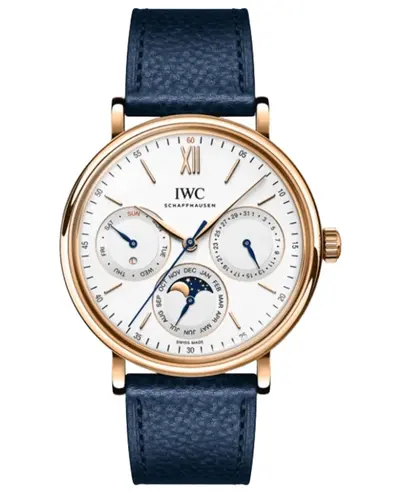 IWC Portofino IW344602: Men's Automatic Perpetual Calendar Watch with Rose Gold Case and Blue Leather Strap (white, arb11814)