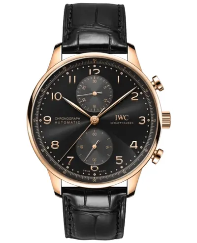 IWC Portugieser Automatic Chronograph IW371625, 18K Rose Gold Case, Black Dial, Black Alligator Leather Strap (black, arb11847)