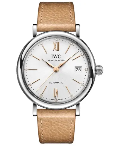 IWC Portofino Automatic 37 Silver Diamond Dial Beige Leather Strap Women's Watch Model IW458602 IW458601 (arb11898)