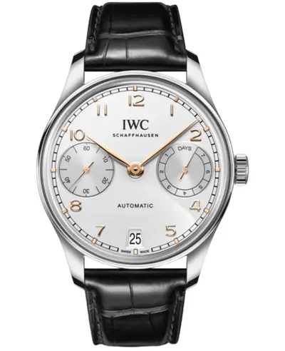 IWC Portugieser Automatic 7 Day Power Reserve Silver Dial Black Leather Strap Men's Watch - Model IW501701 (arb11917)