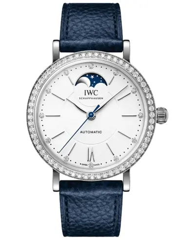 IWC Portofino Automatic Moon Phase Silver Dial Diamond Bezel Blue Leather Strap Women's Watch - Model IW659601 (arb11940)