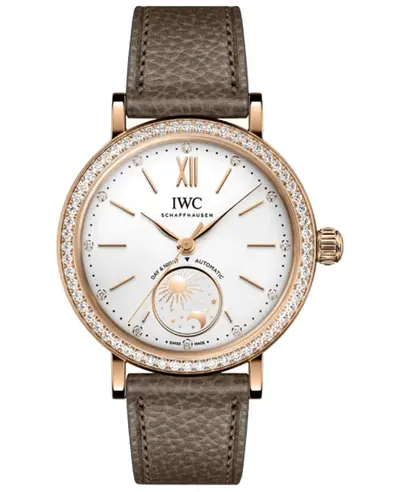 IWC Portofino Day & Night Silver Dial 18K Rose Gold Diamond Bezel Leather Strap Women's Watch Model IW659802 (arb11942)