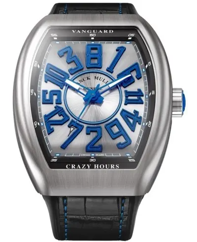 Franck Muller Vanguard Crazy Hours Men's Watch Model V 45 CH BR BL - Silver Blue Dial, Black Alligator Leather Strap with Rubber Lining and Blue Stitching (arb12803)