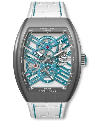 V45S6SQTBRTTTU Franck Muller Vanguard 7 Day Power Reserve Manual Wind Skeleton Watch with Blue Dial V 45 S6 SQT BR (TU) TT (arb12812)