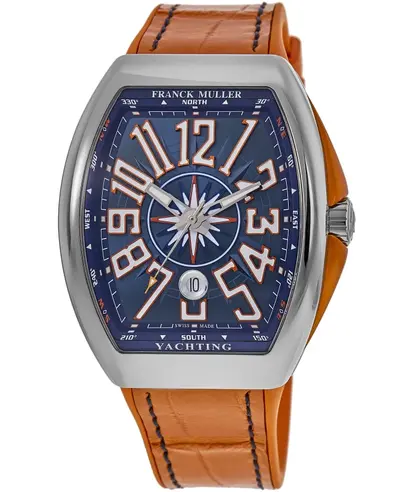V45SCDTYACHTOR Franck Muller Vanguard Yachting Automatic Men's Watch Blue Dial Luminous Hands Orange Alligator Leather Strap Tonneau 53mm V 45 SC DT YACHT OR (blue, arb12862)