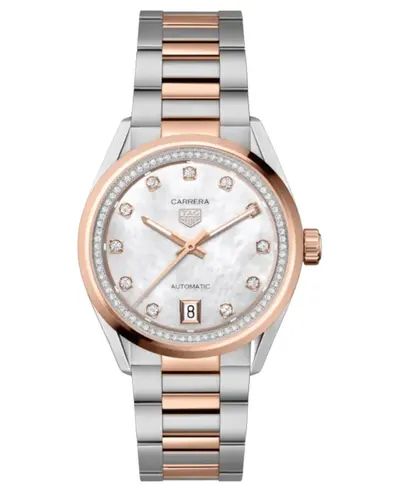 Tag Heuer Carrera Date Mother of Pearl Diamond Dial 18K Rose Gold Bezel Women's Watch Model WBN2351.BD0000 (arb13026)