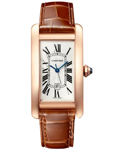 Cartier Tank Americaine WGTA0046 Unisex Watch - Silver Dial, Rose Gold Case, Brown Alligator Leather Strap (arb13123)