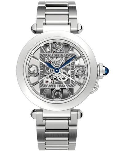 Cartier Pasha De Cartier WHPA007 - Authentic Steel Skeleton Dial Men's Watch with Dark Grey Alligator Leather Strap WHPA0007 (arb13132)