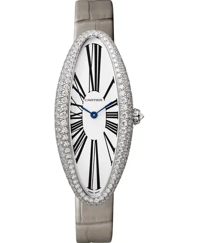 wjba0007 Cartier Baignoire Allongee Silver Dial 18K White Gold Diamond Leather Strap Women's Watch (arb13141)
