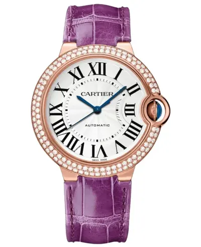 Cartier Ballon Bleu de Cartier WJBB0050 Medium Automatic Silver Dial Diamond Bezel 18K Rose Gold Purple Leather Strap Women's Watch (arb13146)