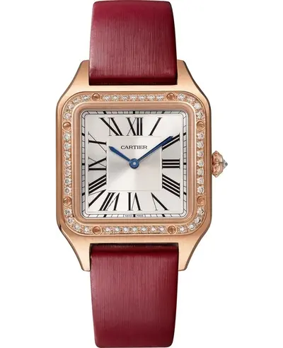 Cartier Santos Dumont WJSA0019 Women's Watch Silver Dial 18K Rose Gold Case Diamond Bezel Burgundy Leather Strap (arb13181)