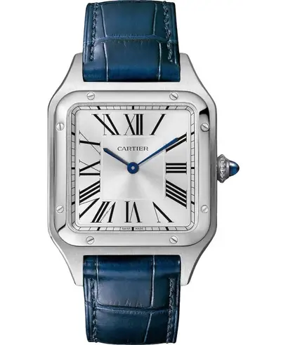 Cartier Santos Dumont WSSA0085 Luxury Men's Watch, Brushed Stainless Steel Case with Blue Alligator Leather Strap and Silver Dial (arb13503)