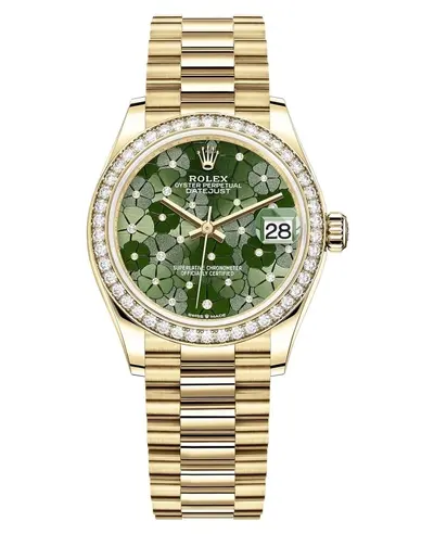 Rolex Datejust 31 Yellow Gold Olive Green Floral-Motif Diamond Dial Women's Watch M278288RBR-0038 (green, arb13972)