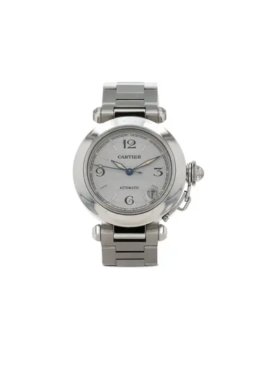 Cartier Pasha Chrono 36mm [29525929] circa 2000s Pre-Owned White Stainless Steel Round Face Sapphire Glass Arabic Dial Luminescent Sword Hands Chronograph Counters Automatic Movement Calendar Day-Date Screw-down Crown Adjustable Link Folding Clasp (arb14745)