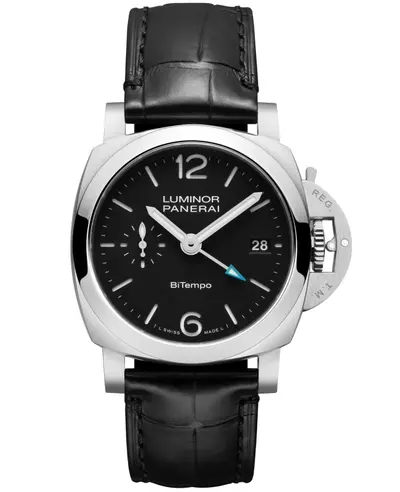 Panerai Luminor Quaranta Mechanical PAM01365 Men's Watch Black Dial, Brushed/Polished Stainless Steel Case and Strap with Tang Clasp, Fixed Bezel, Luminous Silver Tone Hands, Stick Markers & Sub-Dial at 3 O'clock, GMT Function (black, arb17347)