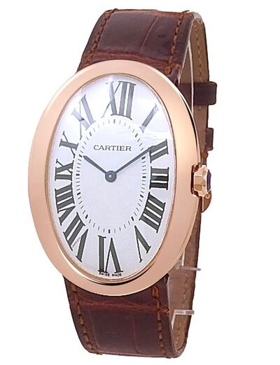 Pre-owned Cartier Baignoire W8000002: Silver Dial with 18kt Rose Gold Case and Brown Alligator Leather Strap (blue, arb19373)