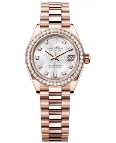 Rolex Lady Datejust 28 MM Everose Gold Mother of Pearl Dial Diamond Bezel Model m279135rbr-0010 (arb19861)