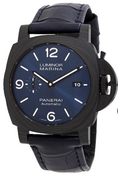 PAM01664 Pre-Owned Panerai Luminor Marina Automatic Mens Blue Dial Watch - Black Polycarbonate, Leather Strap (black, arb21662)