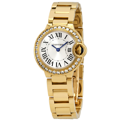 Pre-owned Cartier Ballon Bleu De Cartier Silver Opaline Dial Ladies Watch, 18kt Yellow Gold Case and Bracelet with Diamonds on Bezel, Cabochon Crown - WE9001Z3 (black, arb21812)