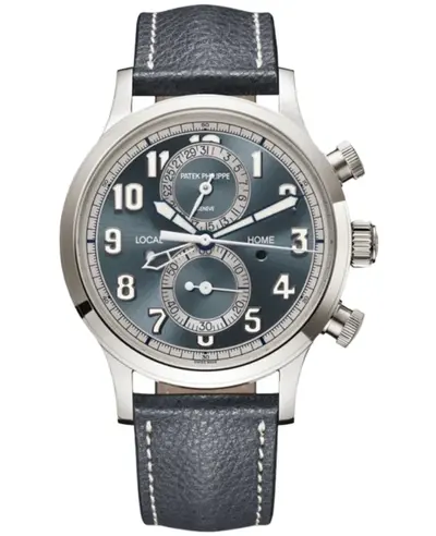 5924G-001 Brand New Authentic Patek Philippe Men's Complications Chronograph GMT Automatic Watch Blue Dial 18K White Gold Polished Case Push-Pull Crown Luminous Hands Arabic Hour Markers Minute Markers Sunburst Blue-Gray Dual Time Flyback Date Day-Night Indicator (blue, arb22245)