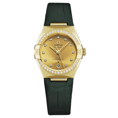 Omega Constellation Automatic Chronometer Diamond: Ladies Watch 131.58.29.20.58.001, Yellow Gold Case with Green Leather Strap (beige, arb22532)