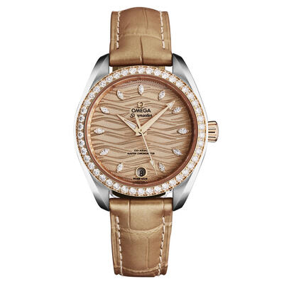 Omega Seamaster Aqua Terra Ladies Watch 220.28.34.20.59.001 Rose Gold Tone Automatic Chronometer Diamond Dial Bezel Case Leather Strap (beige, arb22534)
