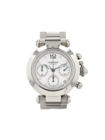 Cartier Pasha Chrono Reference 31167257 circa 2000 White Dial Round Case Three Counter Movement Chronograph Railroad Minuterie Arabic Numerals Hour Indices Automatic Movement Screwed Crown Protection Stainless Steel Bracelet Double Folding Clasp Luminescent Blue Steel Hands Date Aperture (arb22803)