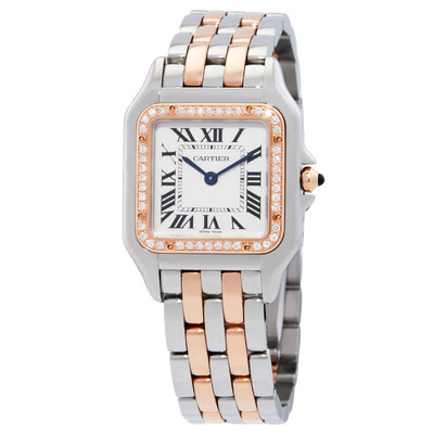 Panthere De Cartier Medium Model W3PN0010 Silver-tone stainless steel case with a two-tone (silver-tone and rose PVD) stainless steel bracelet. Fixed bezel set with diamonds. (blue, arb22920)