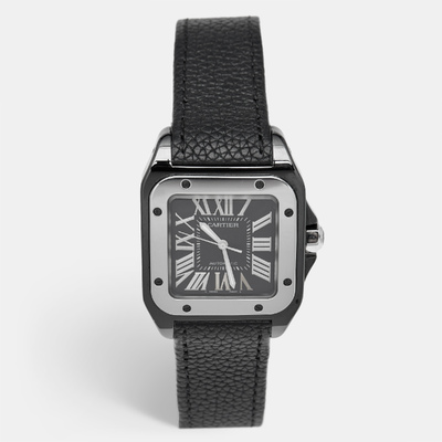 Cartier Santos 100 Black Ceramic Calfskin Leather Men's Wristwatch Ref.226961 (black, arb8588)