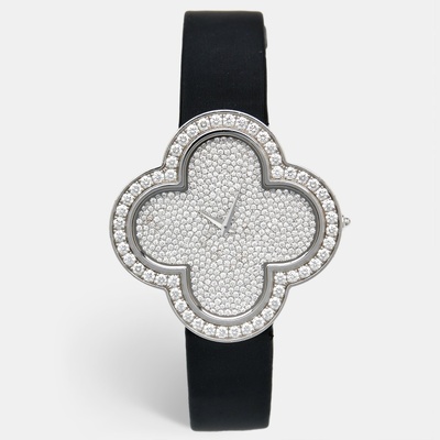 Van Cleef & Arpels Diamond Pave 18K White Gold Satin Leather Alhambra Wristwatch, Model VCARO41B00 1199419 (black, arb23980)