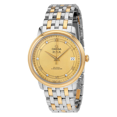 Omega De Ville Prestige Chronometer Mens Watch Caliber 2500 Automatic, Champagne Dial Dauphine Hands Gold Tone Roman Hour Markers Diamond Insertion Co-Axial Escapement 424.20.37.20.58.002 (beige, arb3935)