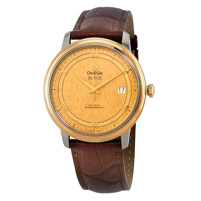 Omega De Ville Prestige Chronometer Automatic Mens Watch Calibre 2500 Champagne Dial Brown Leather Strap 18K Yellow Gold Bezel Ref.424.23.40.20.08.001 (beige, arb4307)