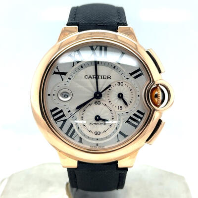 Pre-owned Cartier Ballon Bleu De Cartier Chronograph W6920009 - Silver Guilloche Dial, Rose Gold-tone Case with Black Leather Strap (black, arb24346)