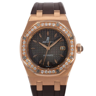 Pre-owned Audemars Piguet Royal Oak Diamonds Brown Dial 33mm Ladies Watch Ref 77220BC.ZZ.D004CU.01 77321OR.ZZ.D080CA.01 (brown, arb24645)