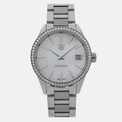 WAR1315.BA0778 Tag Heuer Carrera Quartz White MoP Diamond Stainless Steel Men's Watch 1109081 (arb24779)