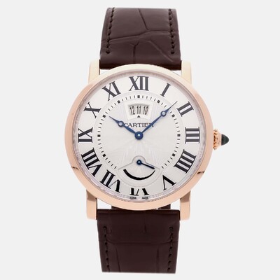 Authentic Cartier Rotonde De Cartier W1556252 Manual Winding Men's Watch, 40mm Silver Dial with Rose Gold Strap 1197227 (arb24827)