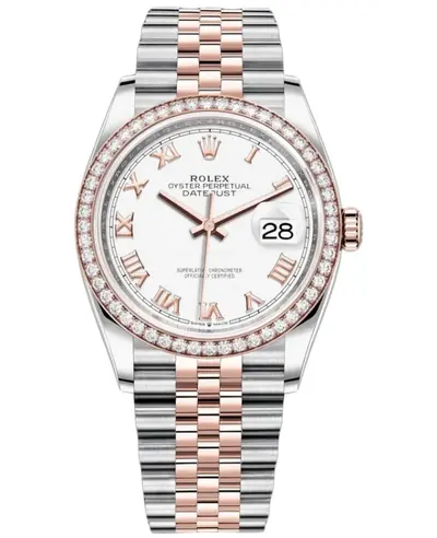 Brand New Authentic Rolex Datejust 36 Steel & Everose Gold White Roman Dial Diamond Bezel Women's Watch Model M126281RBR-0003 (white, arb25003)
