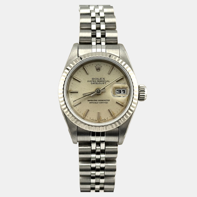 Rolex Datejust 79173, Automatic Movement, Champagne Dial, Stainless Steel Case, White Gold Fluted Bezel, Women's Watch (26mm) 1221923 (arb25936)