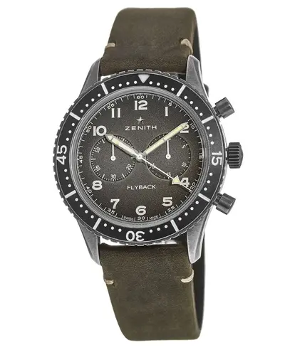 Authentic Zenith Pilot Cronometro Tipo CP-2 Flyback with Grey Dial and Green Leather Strap, Model 11.2240.405/21.C773 (arb9342)
