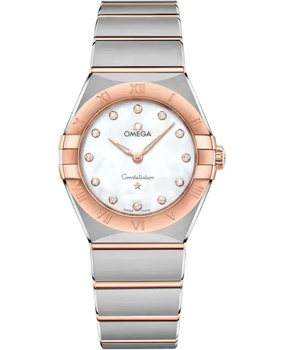 Omega Constellation Manhattan Quartz 28mm Mother of Pearl Dial Diamond Rose Gold Stainless Steel Women Watch Model 131.20.28.60.55.001 (arb9424)