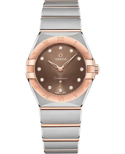 Brand New Authentic Omega Constellation Manhattan Quartz 28mm Brown Dial Diamond Rose Gold and Stainless Steel Women's Watch (Model: 131.20.28.60.63.001) (brown, arb9426)