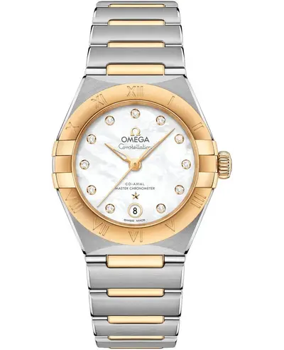 Omega Constellation Manhattan Chronometer 131.20.29.20.55.002 Round Mother of Pearl Dial Diamond Yellow Gold Stainless Steel Women's Watch (arb9438)