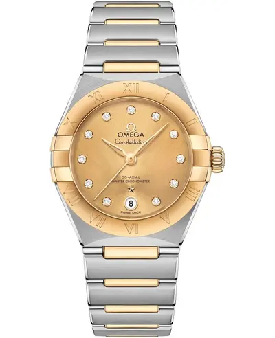 Brand New Authentic Omega Constellation Manhattan Chronometer 29mm Champagne Dial Diamond Yellow Gold and Stainless Steel Women's Watch Model 131.20.29.20.58.001 (arb9439)