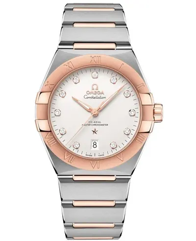 Omega Constellation Co-Axial Master Chronometer Silver Diamond Dial Rose Gold Stainless Steel Men's Watch Model 13120392052001 131.20.39.20.52.001 (arb9451)