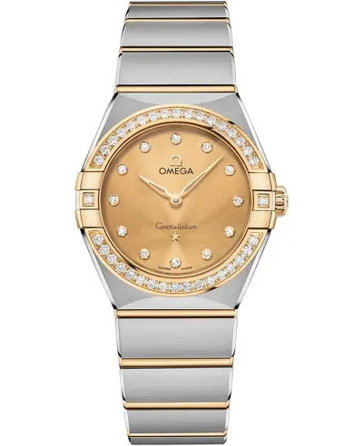 Authentic Omega Constellation Manhattan Quartz 131.25.28.60.58.001 Yellow Gold Stainless Steel Bracelet Champagne Dial Diamond Hour Markers (arb9473)
