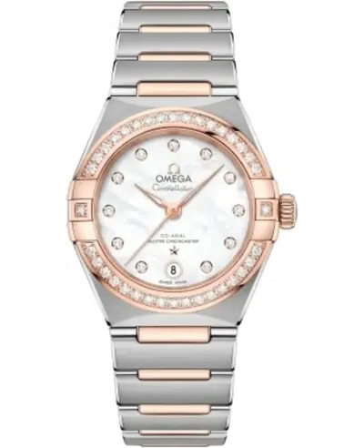 Brand New Authentic Omega Constellation Manhattan Chronometer 29mm Mother of Pearl Dial Diamond Rose Gold and Stainless Steel Women's Watch Model 131.25.29 131.25.29.20.55.001 (arb9479)