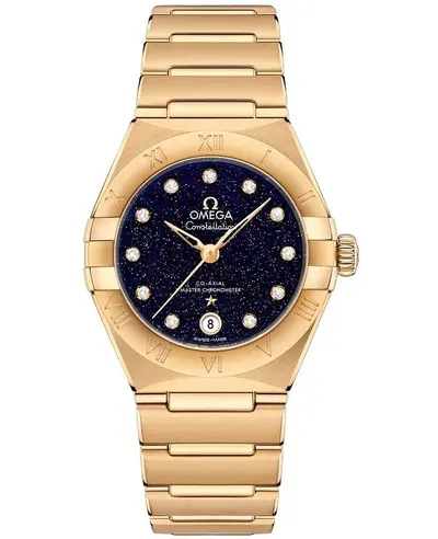 Omega Constellation Manhattan Chronometer 29mm Blue Dial Diamond Yellow Gold Women's Watch Model 131.50.29.20.53.002 (blue, arb9501)