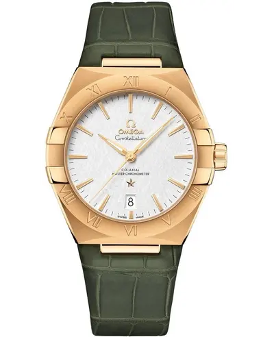 Omega Constellation Co-Axial Master Chronometer Model 131.53.39.20.02.002, Silver Dial Yellow Gold Green Leather Strap Men's Watch (arb9515)
