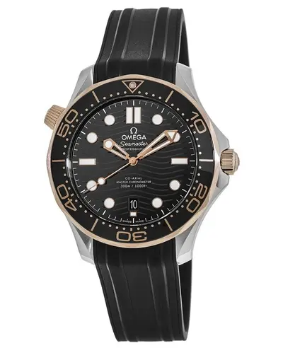 Omega Seamaster Diver 300M Sedna Gold & Steel Black Dial Rubber Strap Men's Watch (Model: 210.22.42.20.01.002) (black, arb9677)